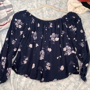 blue off the shoulder floral shirt